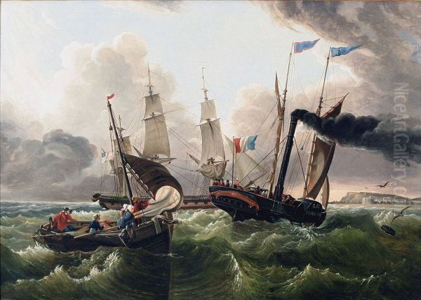 A French Sidewheel Steamship of Le Havre & Honfleur Oil Painting by Charles Louis Mozin
