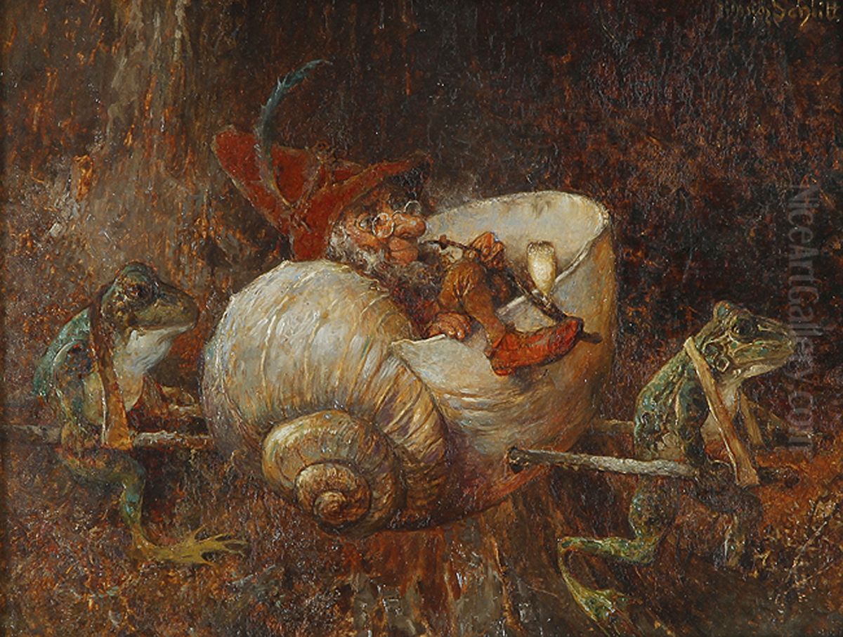 Gnom in einer von zwei Froschen getragenen Schneckenhaussanfte Oil Painting by Heinrich Schlitt