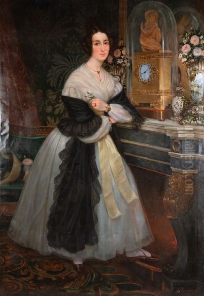 Portrait d'une jeune noble devant sa cheminee Oil Painting by Jean Louis Amedee Beaujouan