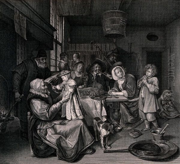 A family group gathered around a fireside table singing and playing musical instruments. Oil Painting by Jan Steen
