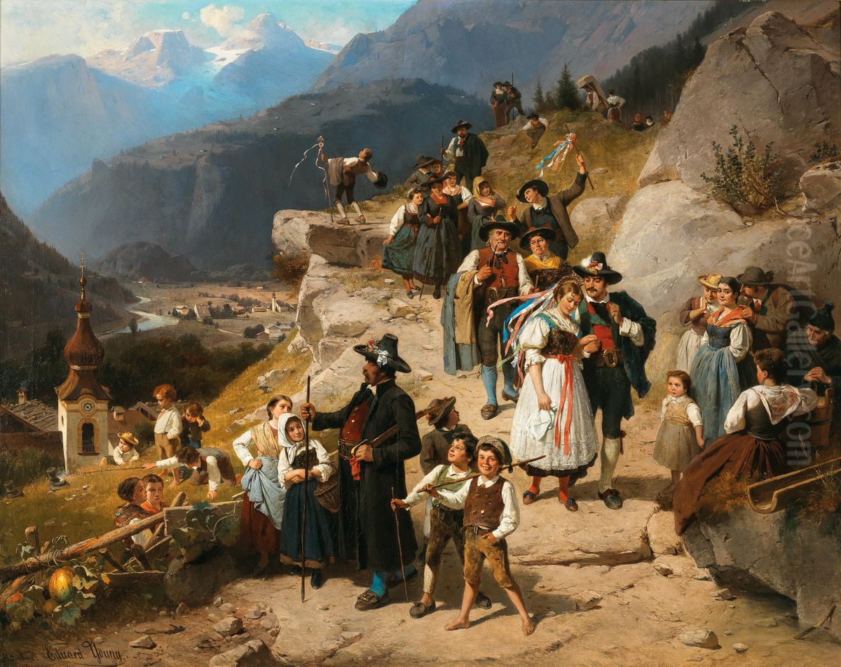 A festive wedding procession Oil Painting by Eduard Young