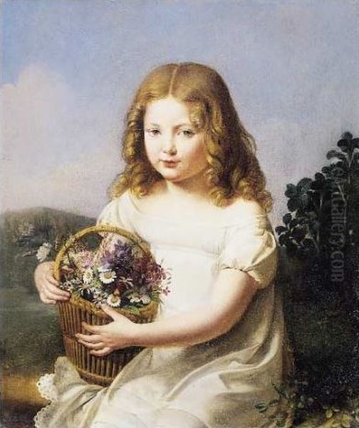 Portrait d'enfant tenant un panier de fleurs Oil Painting by Rosalie Delafontaine