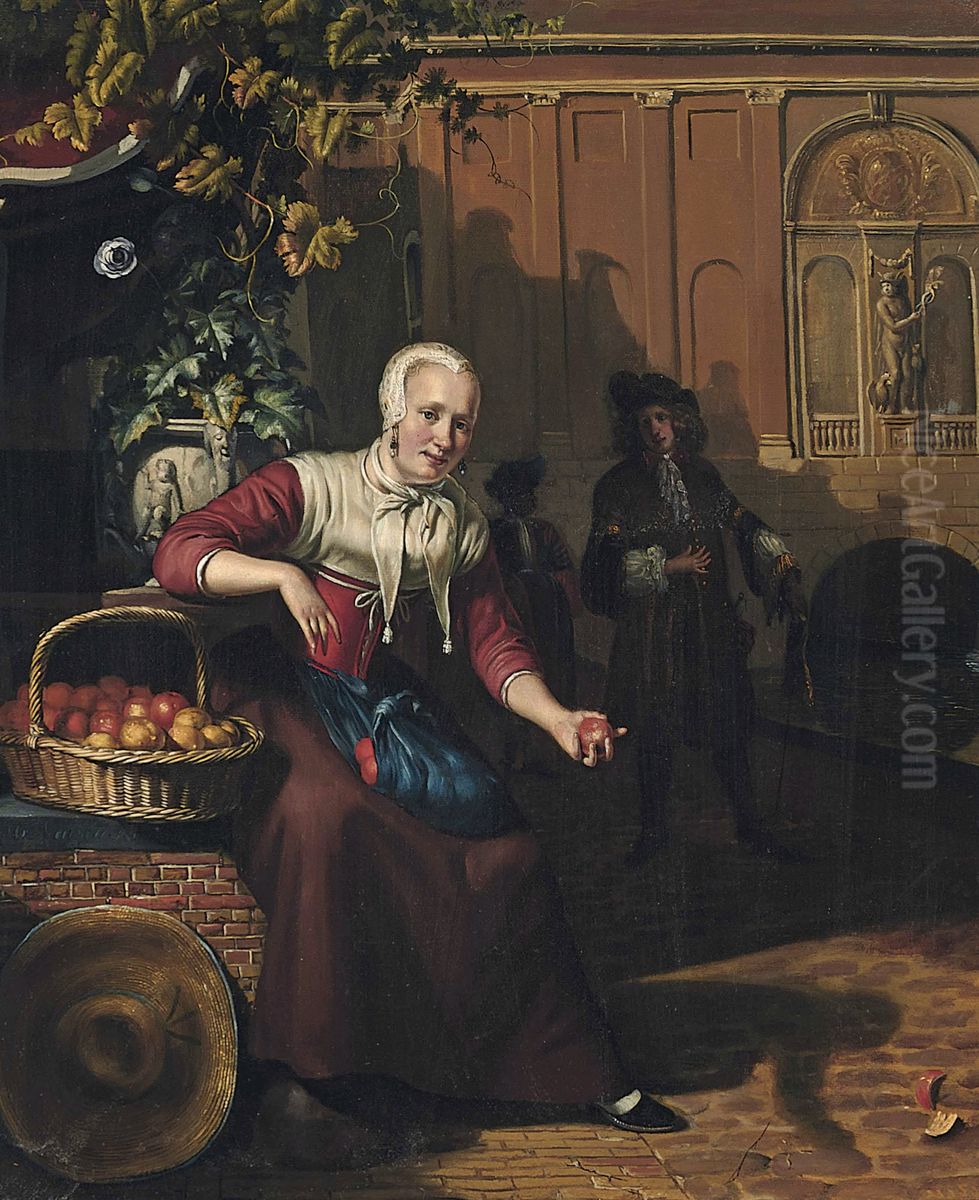 A fruit seller by a canal Oil Painting by Matthijs Naiveu