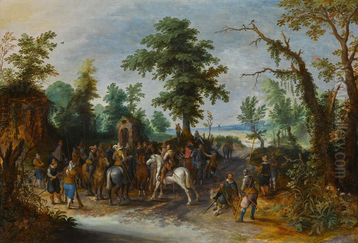 A gathering of soldiers in a clearing Oil Painting by Sebastiaen Vrancx