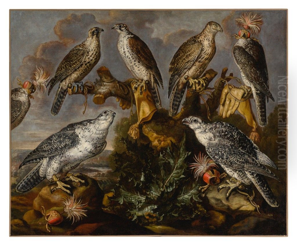 A group of seven Lanner and Peregrine or Gyrfalcons Oil Painting by Carstian Luyckx