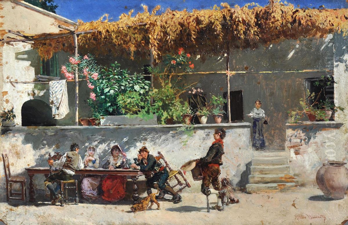 A group of diners seated at the same table Oil Painting by Attilio Simonetti