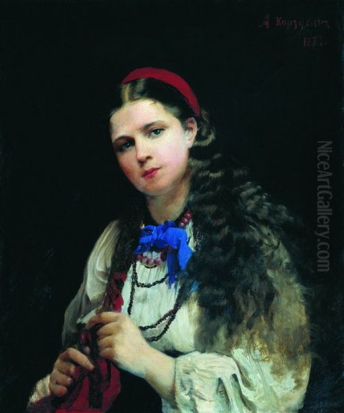 A girl braiding her hair Oil Painting by Alexei Korzukhin