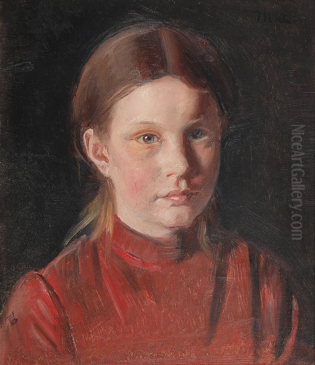 Portraet af en lille pige i rod kjole. Oil Painting by Michael Peter Ancher