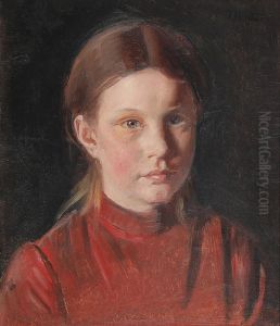 Portraet af en lille pige i rod kjole.