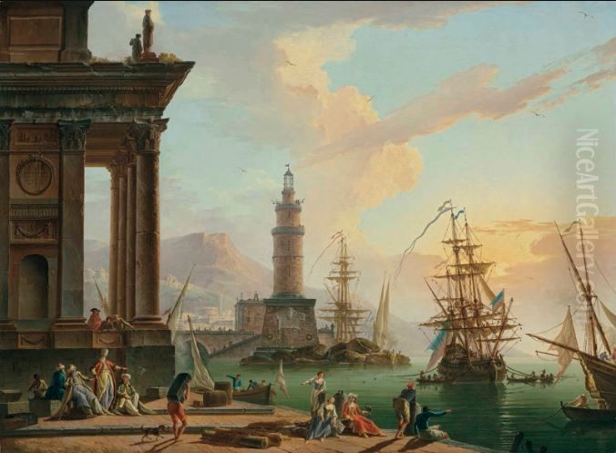 A Mediterranean port with elegant figures in oriental costume and fisherfolk on the shore, a Dutch man-o-war beyond Oil Painting by Charles Francois Grenier de Lacroix