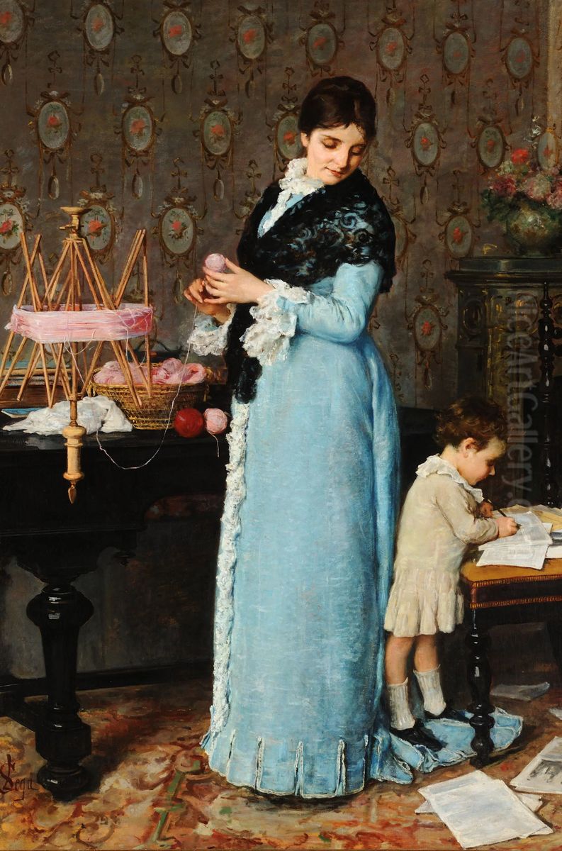 A mother looking at her child Oil Painting by Silvestro Lega