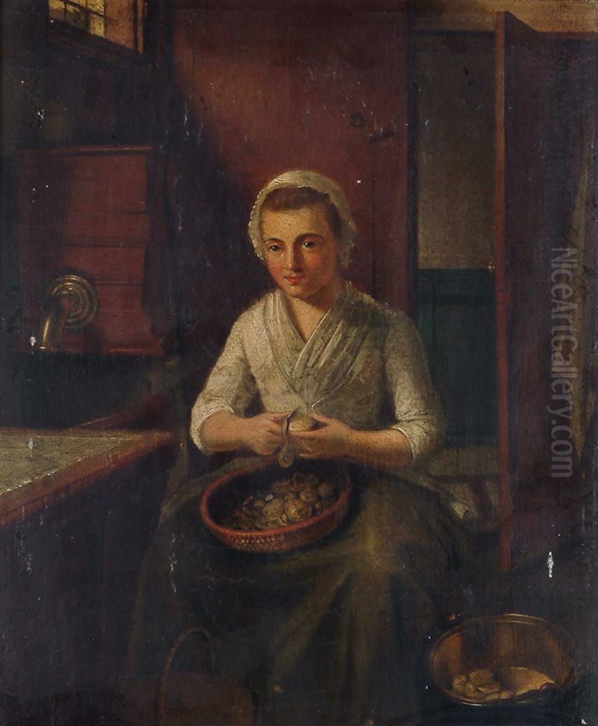 A maid peeling potatoes Oil Painting by unknown