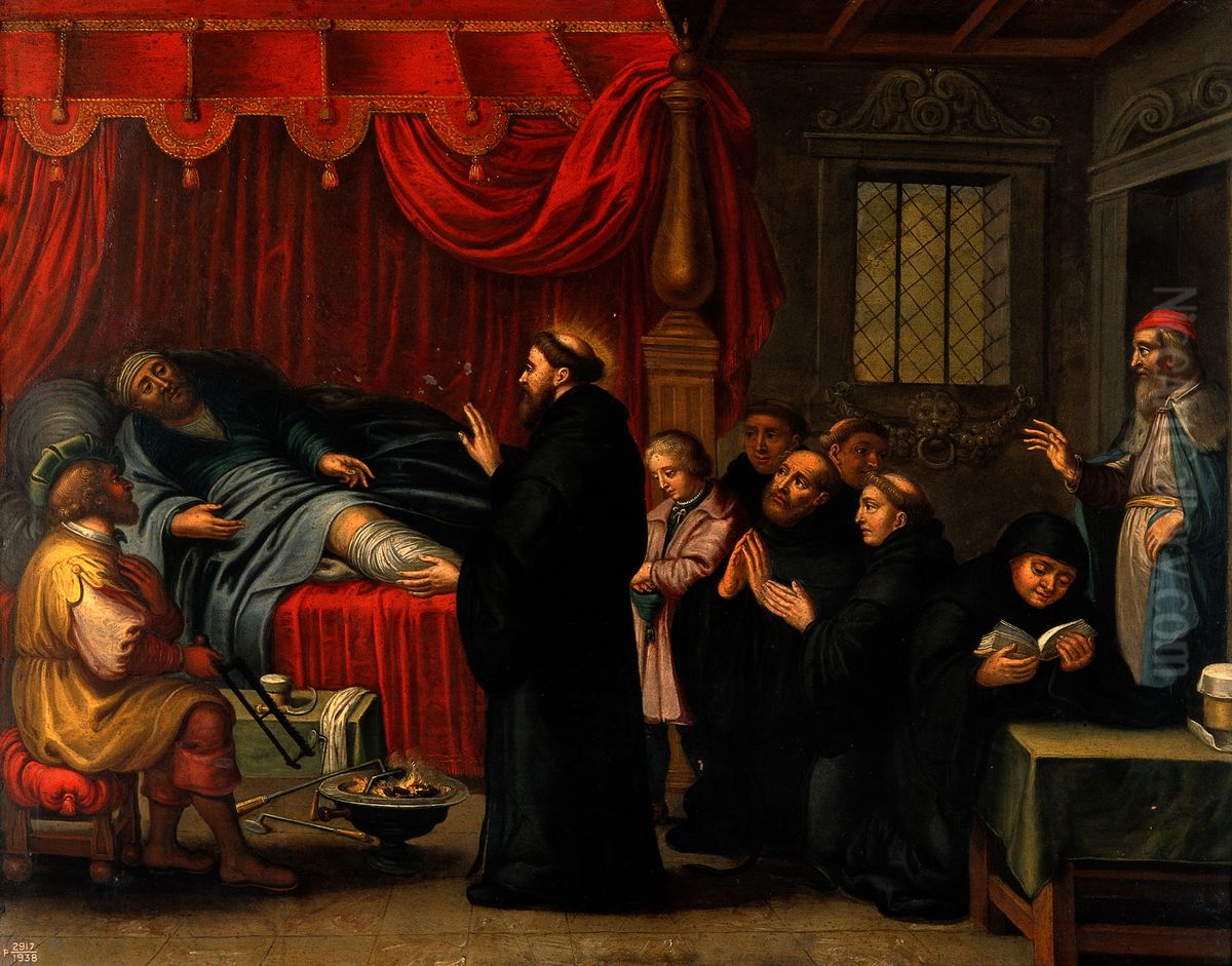 A monk curing a man of gangrene in the leg and saving him from amputation. Oil Painting by unknown