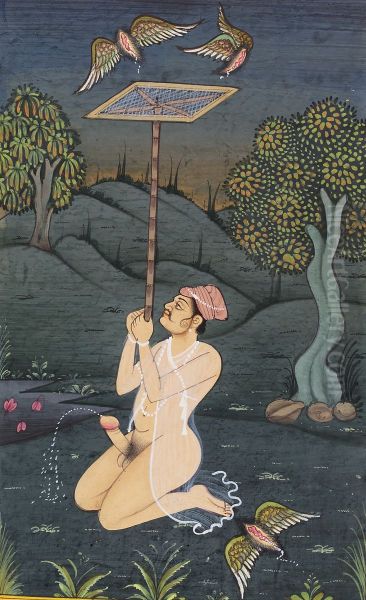 A man ejaculating, while holding a net for vagina-birds. Oil Painting by unknown