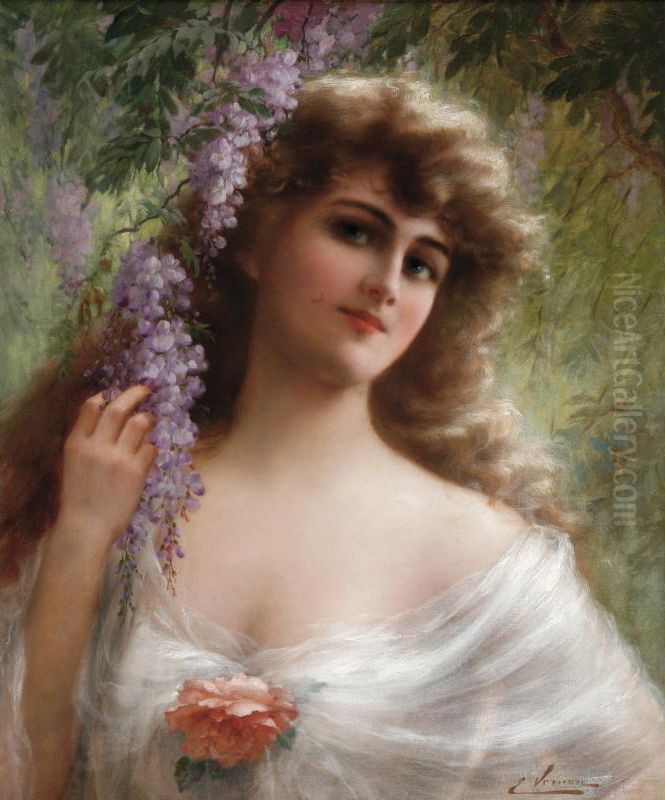 A maiden under the Wisteria Oil Painting by Emile Vernon