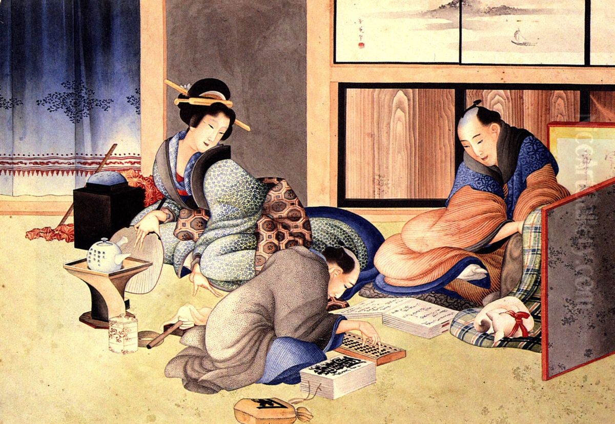 A merchant making up the account Oil Painting by Katsushika Hokusai