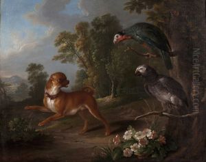 A miniature pug and two African grey parrots in a landscape
