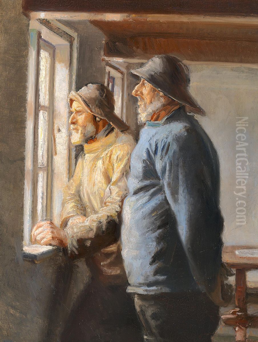 To skagensfiskere kigger pa havet gennem vinduet. Oil Painting by Michael Peter Ancher