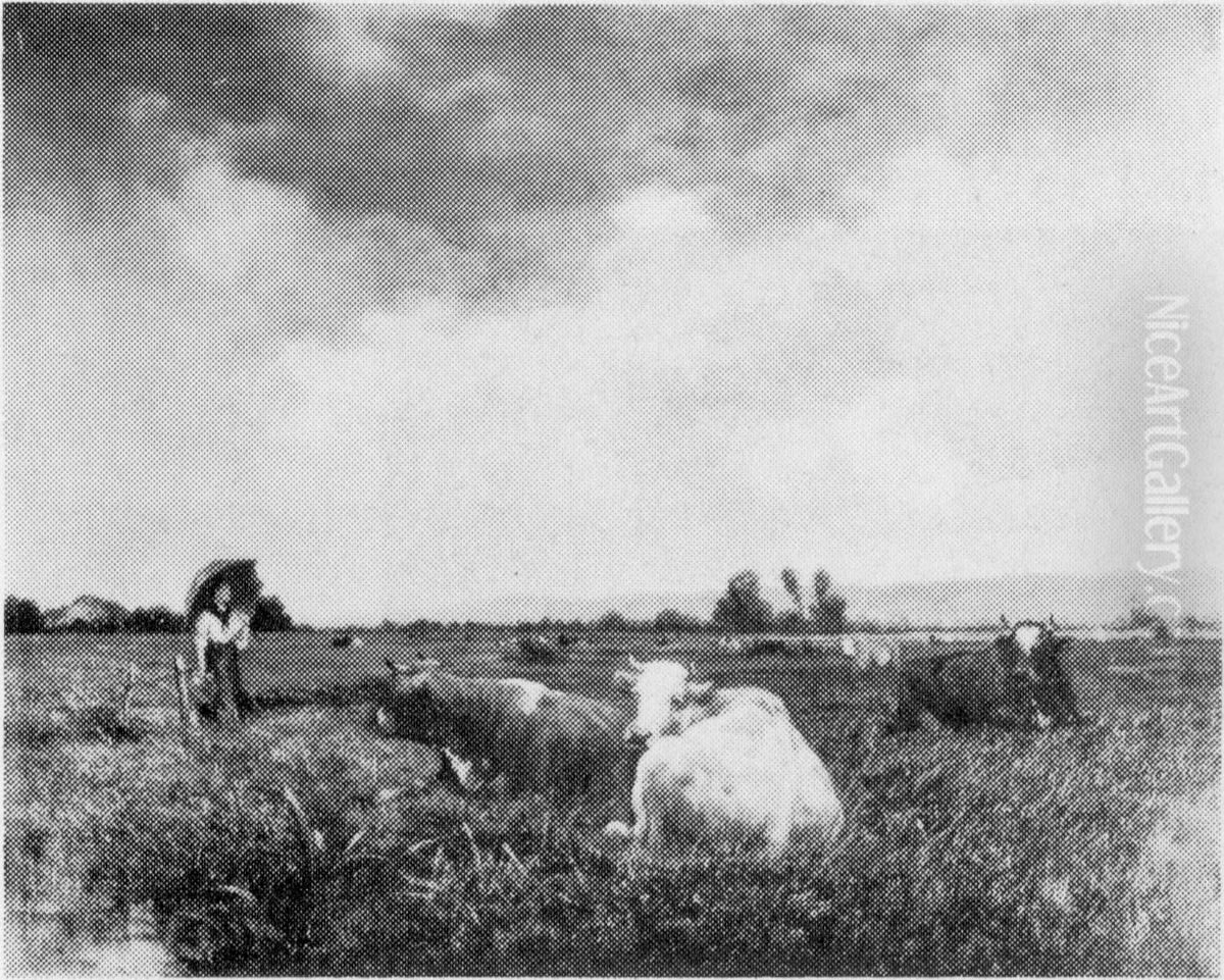 Een weide bij Reville (Normandie) bij regen. Oil Painting by Edouard Hamman