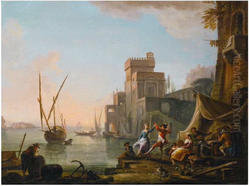 A MEDITERRANEAN HARBOUR SCENE WITH FIGURES DANCING AND MAKING MUSIC NEAR AN INN, HORSEBACK, SHIPPING AND FISHERMEN NEARBY A CASTLE-LIKE QUAY Oil Painting by Jean-Baptiste Lallemand