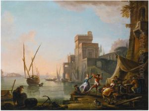 A MEDITERRANEAN HARBOUR SCENE WITH FIGURES DANCING AND MAKING MUSIC NEAR AN INN, HORSEBACK, SHIPPING AND FISHERMEN NEARBY A CASTLE-LIKE QUAY