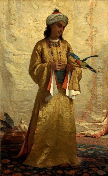 A Moorish Girl with Parakeet Oil Painting by Henriette Browne