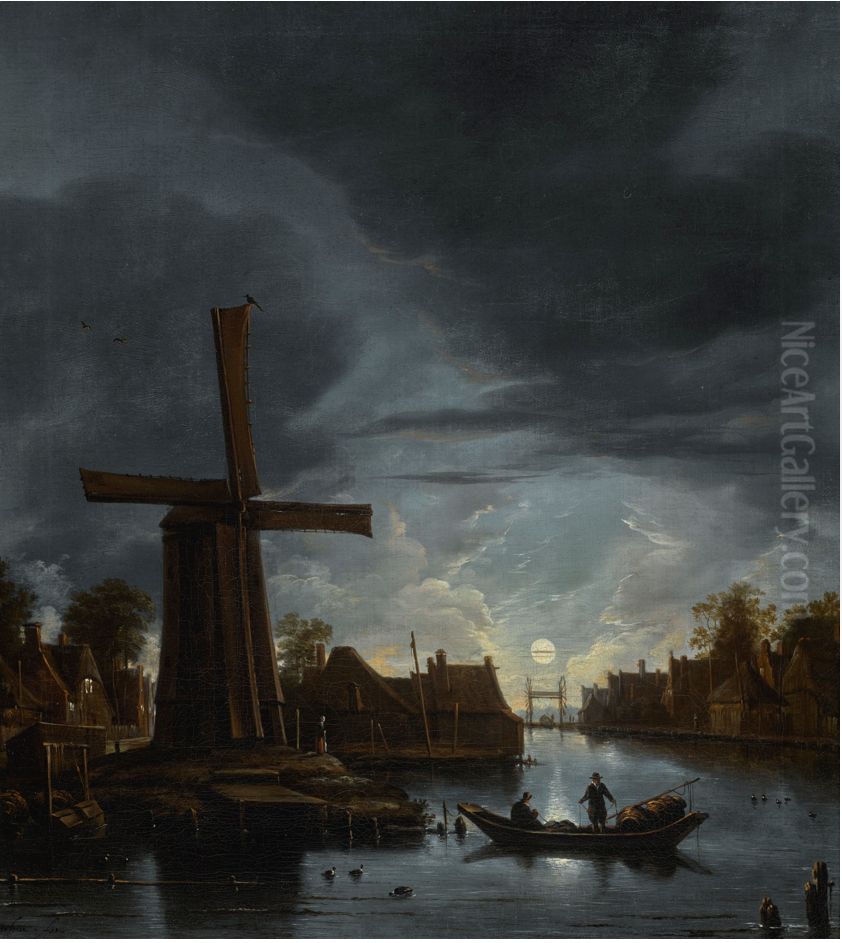 A MOONLIT RIVER LANDSCAPE WITH FISHERMEN NEAR A WINDMILL Oil Painting by Anthonie Van Borssom