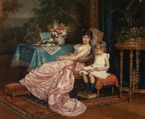 A mother and daughter reading Oil Painting by Auguste Toulmouche