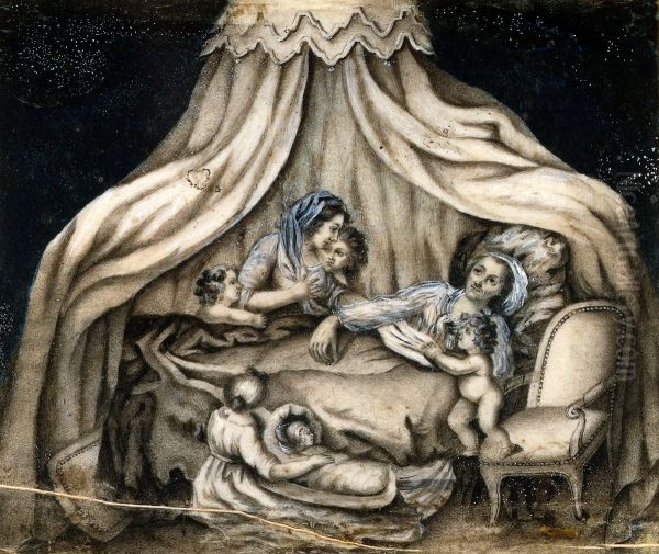 A mother feeding her children. Oil Painting by unknown