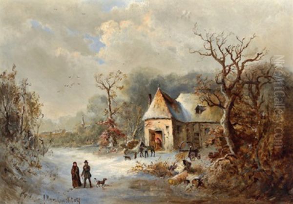 Winter landscape with figural staffage. Oil Painting by Aleksander Mroczkowski