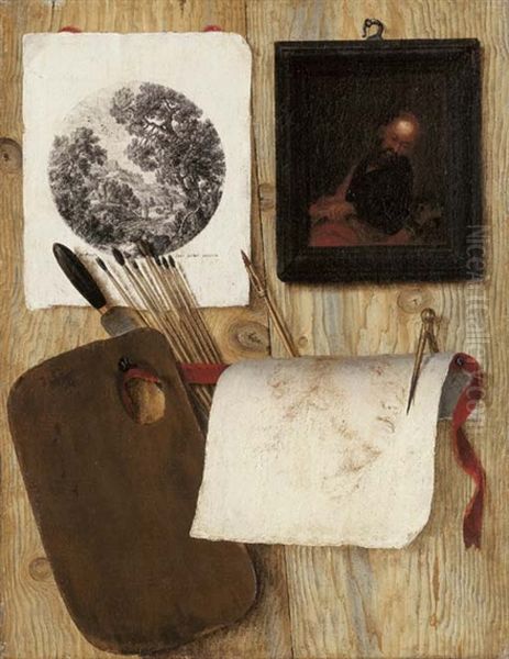 A palette with a spatula and paint brushes, an engraving, an oil painting, and a drawing with a pen and compass on a wooden partition an engraving Oil Painting by Jean Francois de le Motte