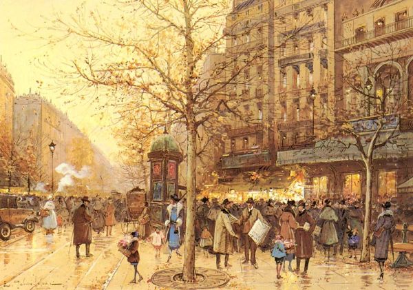 A Paris Street Scene Oil Painting by Eugene Galien-Laloue
