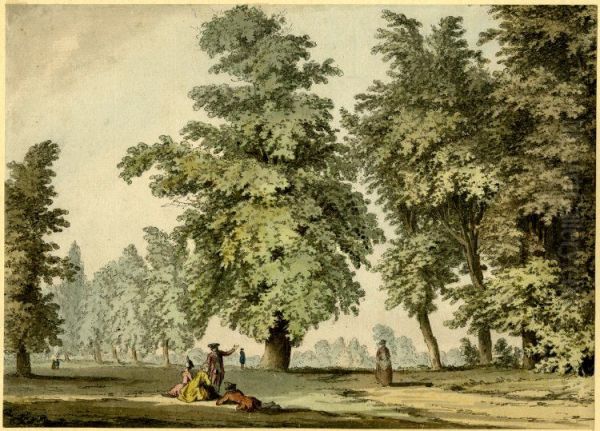 A park scene, with a group of two ladies and a man seated on the grass Oil Painting by Samuel Hieronymus Grimm