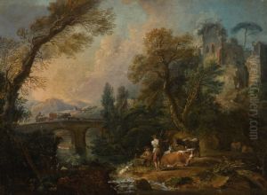 A pastoral landscape with herders and their animals resting beside a river, a bridge beyond
