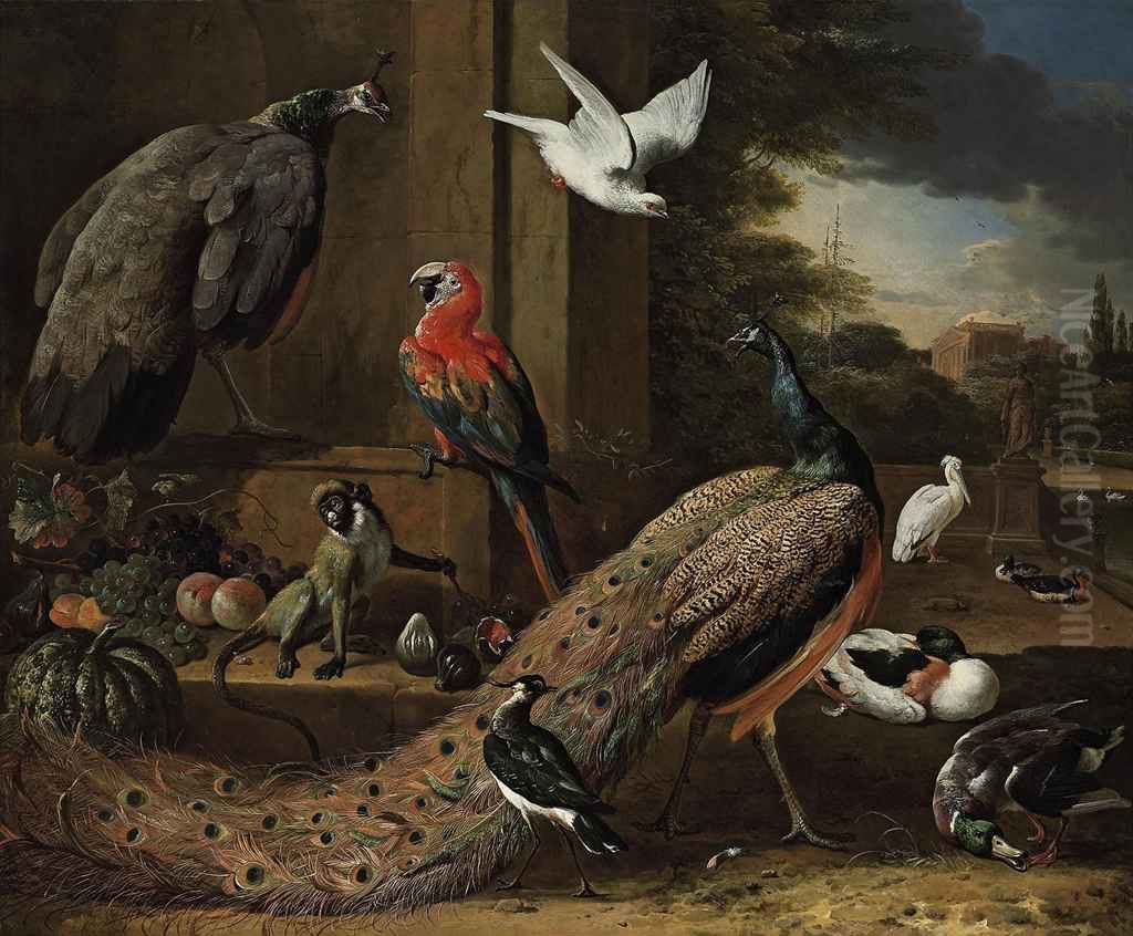 A peacock, a peahen, a monkey and other birds on a terrace Oil Painting by Melchior D'Hondecoeter