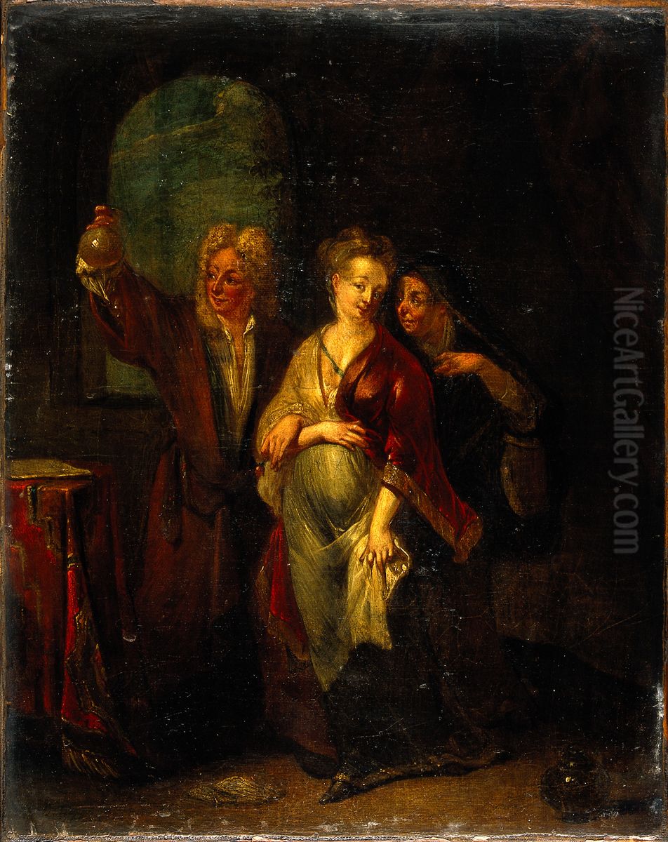 A physician examining the urine of a pregnant girl. Oil Painting by unknown