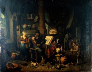 A physician sitting before a table, holding a urine flask, with two women, a boy and several other figures in the room.