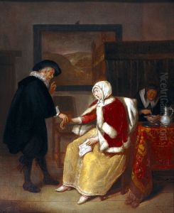 A physician taking the pulse of a young woman, while an old maid prepares gruel for her.