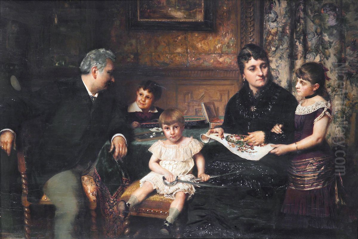 A portrait of a family gathered around a table Oil Painting by Pieter Van der Ouderaa