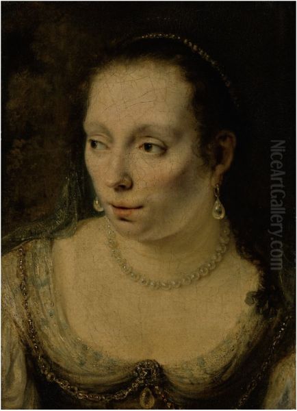 A PORTRAIT OF A LADY, HEAD AND SHOULDERS, WEARING PEARL JEWELRY, POSSIBLY JOHANNA DE GEER Oil Painting by Ferdinand Bol