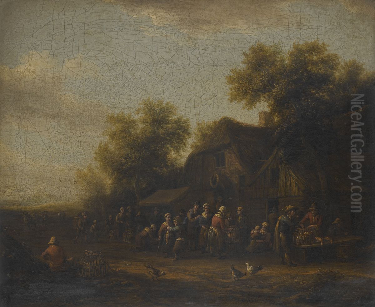 A Poultry Market Before a Village Inn Oil Painting by Barent Gael