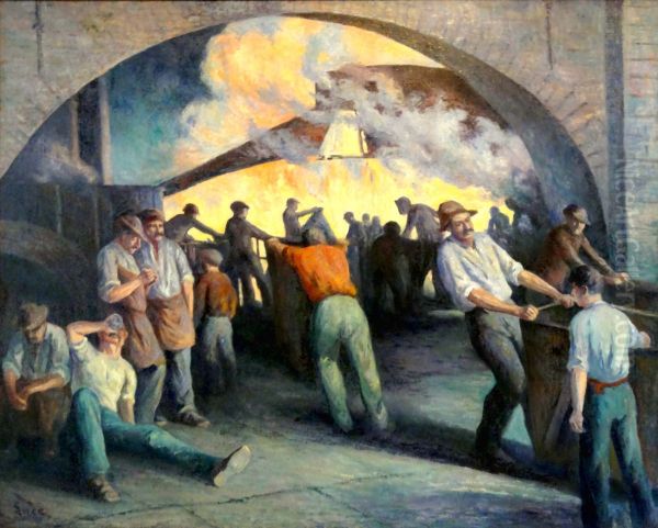 Fonderie a Charleroi, la coulee Oil Painting by Maximilien Luce