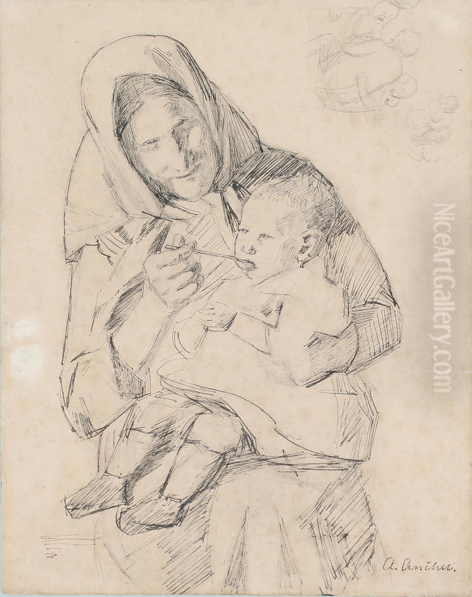 A mother feeding her child. Oil Painting by Anna Ancher