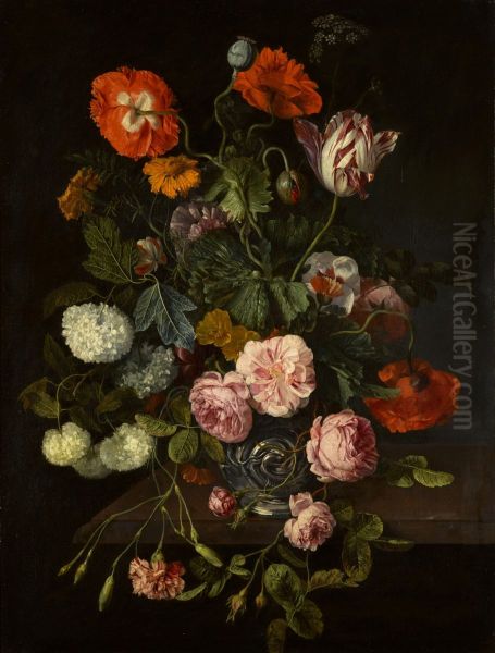 Still life of flowers in a glass vase over a stone ledge Oil Painting by Cornelis Kick