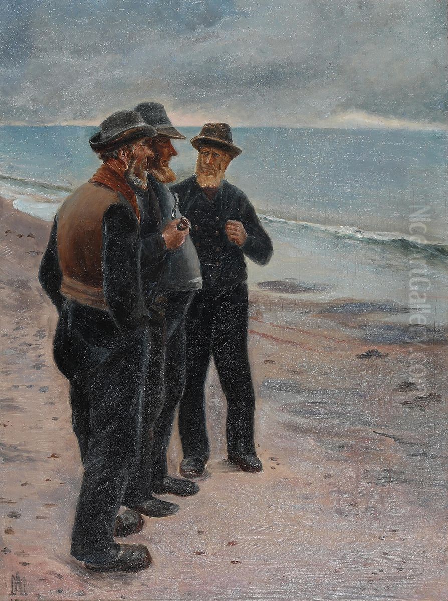 Skagensfiskerne Henriksen, Ole Svendsen og Wolle pa stranden. Skitse. Oil Painting by Michael Peter Ancher