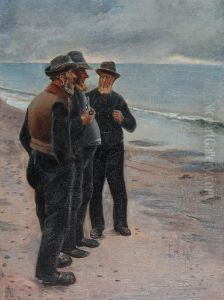 Skagensfiskerne Henriksen, Ole Svendsen og Wolle pa stranden. Skitse.
