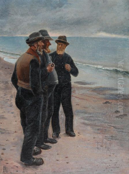 Fishermen from Skagen Henriksen, Ole Svendsen and Wolle standing on the beach. Sketch. Oil Painting by Michael Peter Ancher