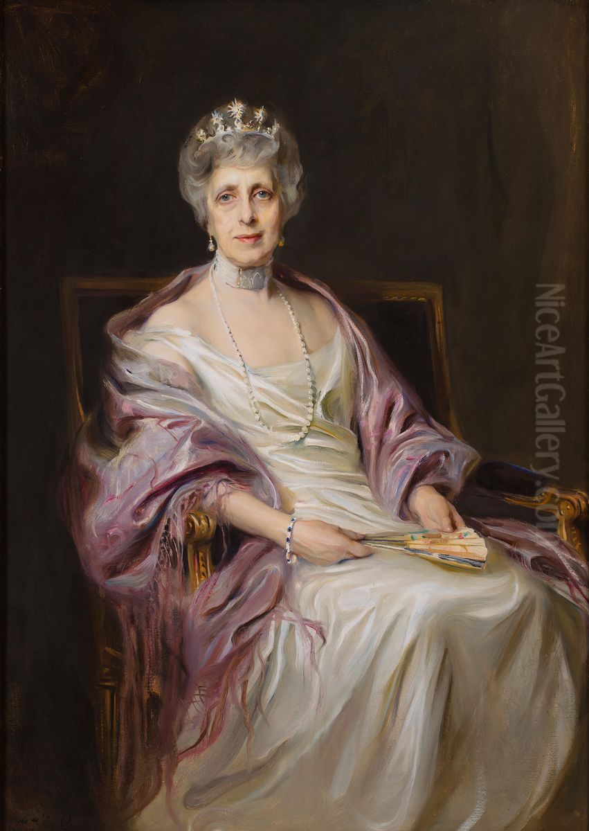 A portrait of Mrs. Robert Livingston Fryer, nee Miss Melissa Dodge Pratt Oil Painting by Philip de Laszlo