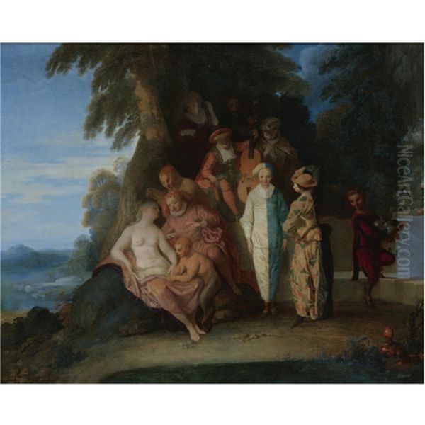 A scene inspired by the Commedia Dell'arte. Oil Painting by Claude Gillot