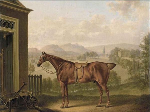 A saddled chestnut hunter in a landscape Oil Painting by Charles Towne